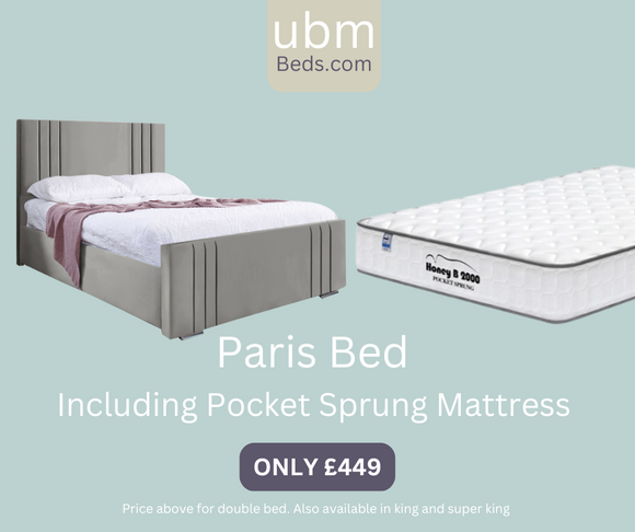Paris Light Grey Bed Frame + 1000 Pocket Sprung Mattress