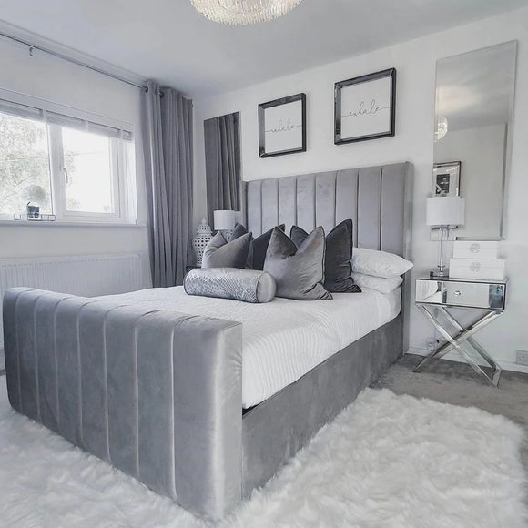 Blush Grey Panelled Bed with Wings